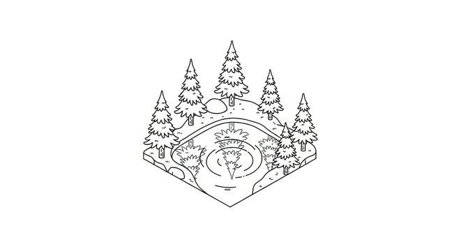 Minimalist Isometric Forest Scene with Pond and Pine Trees - Line Art Illustration