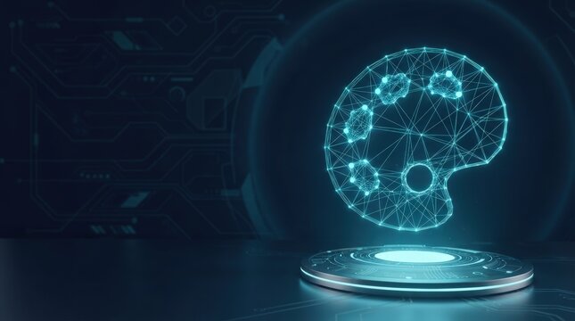 3D brain hologram with neural network overlay on illuminated circular platform; studio lighting, low-angle view, tech-inspired mood for science and innovation fields