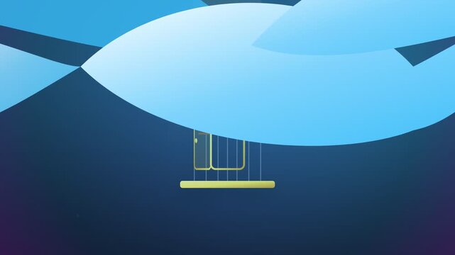 Abstract geometric shapes form a serene blue cloudscape with a minimalist golden structure suspended within.