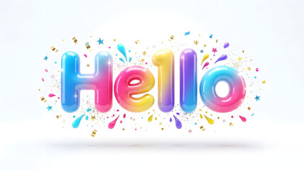 Fototapeta premium Colorful 3d hello text design with festive confetti elements isolated on a clean white background for greeting cards and social media