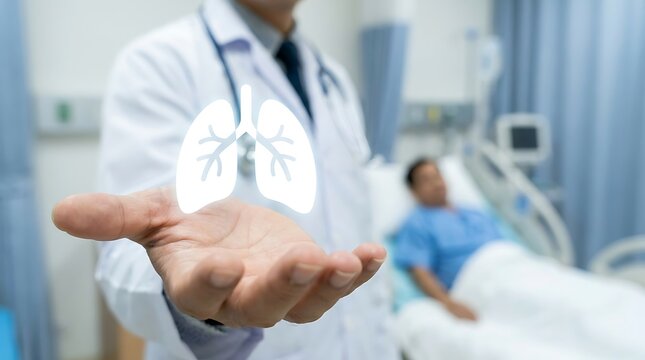 Medical lung health concept, doctor holding glowing human lungs in hand, respiratory system care, pneumonia treatment, lung disease awareness, healthcare innovation, medical technology