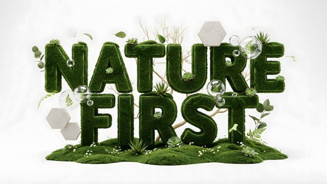 Nature first eco-friendly text design with moss texture earth day environment sustainability conservation typography protection botanical landscape outdoors preservation biodiversity