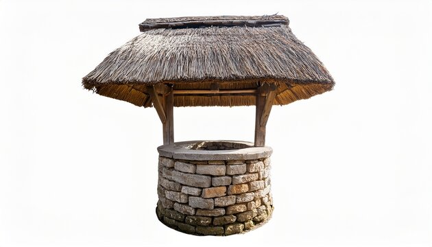 detailed stone wishing well with a thatched roof and wooden beams isolated on white background