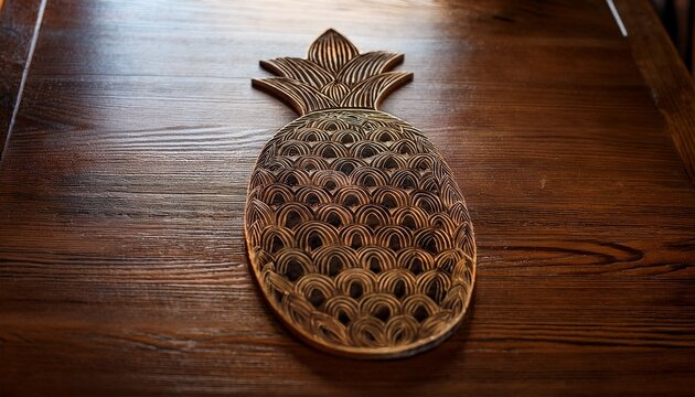 wooden table with pineapple engraving