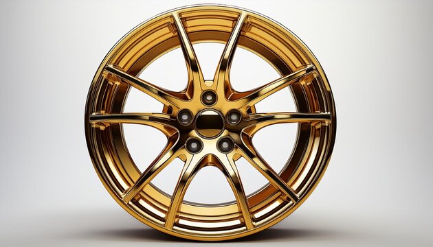 shiny golden five spoke car wheel with detailed rim design isolated on white background