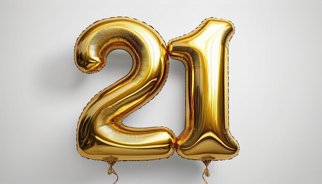 metallic gold balloon number twenty one isolated on white background