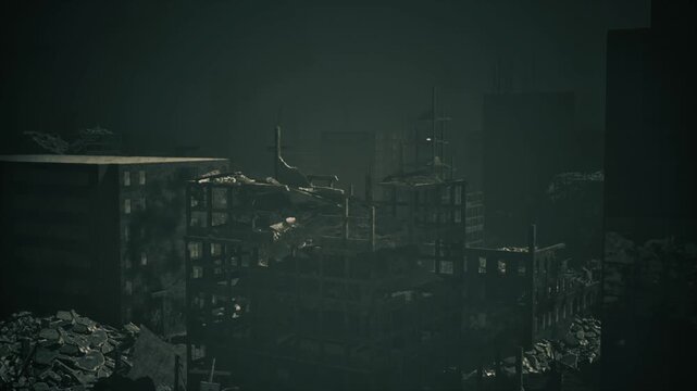 Greentinted urban ruins under twilight haze, distant towers barely visible through mist, collapsed midrise blocks and scattered debris, muted tones conveying
