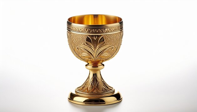 ornate golden chalice with intricate engravings and decorative stem isolated on white background
