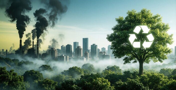 Industrial pollution contrasts with a green tree bearing recycling symbol, representing choice between destruction and renewal. Cityscape view shows smog and clean future outlook.