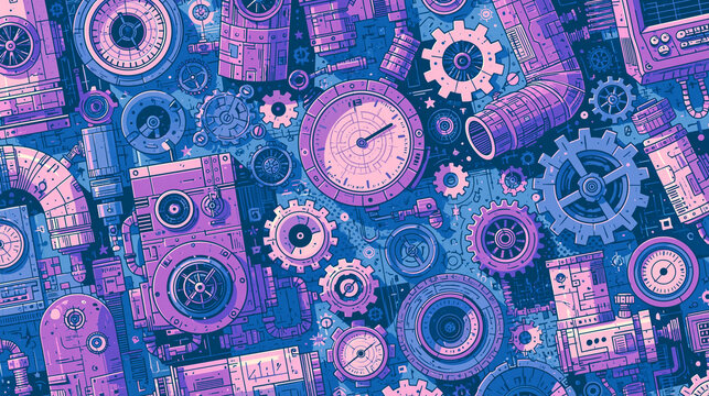 Intricate gears and machinery in vibrant purple and blue hues create a dynamic design.