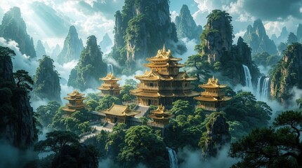 Fototapeta premium Golden Chinese temple sits in high fantasy mountain landscape among green forests. Waterfalls flow down steep stone cliffs into clouds. Calm zen pagodas stand on misty hills. Ancient religious
