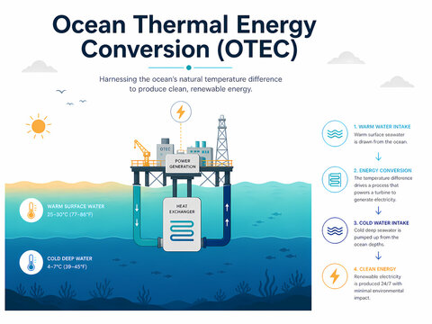 Diagram illustrating Ocean Thermal Energy Conversion (OTEC) technology for renewable energy generation.