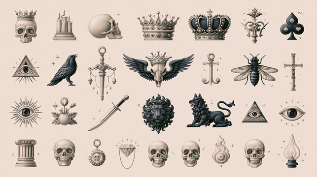 A collection of intricate illustrations featuring symbols of death and mysticism.