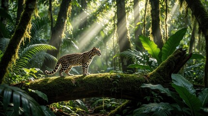 Obraz premium Ocelot cat walks on mossy log in lush rainforest. Sunbeams pierce dense jungle canopy illuminating wild animal in natural habitat. Green foliage surrounds creature.