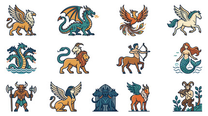 Obraz premium Pixel art set of mythological creatures and fantasy beasts icons, retro game assets and monster