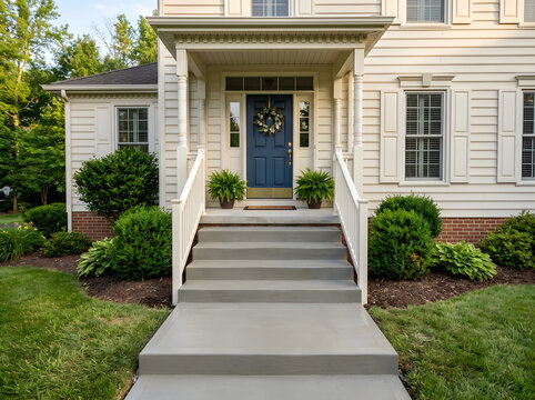 Modern concrete porch steps | Blue front door with decorative wreath | Suburban home exterior landscaping | Residential entrance with white railings | Curb appeal for real estate