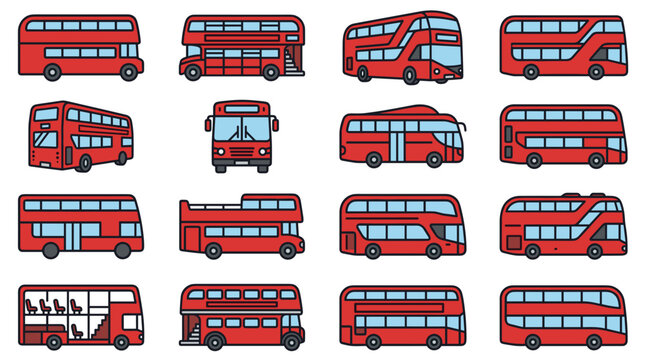 Pixel art set of red double decker bus icons, public transit vector, urban transport illustration