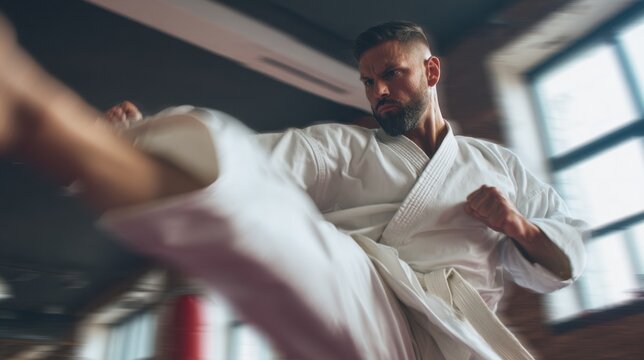 Focused martial artist in dojo practicing precise high kicks with blurred background emphasizing intense belt progression training and disciplined martial art forms.