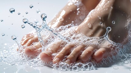 Fototapeta premium Close-up shot shows feet being washed with abundant soap foam and splashing water droplets. Clean skin and toes appear smooth. Refreshing and hygienic.