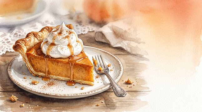 Slice of pumpkin pie with cream and caramel on a rustic table for Thanksgiving Canada  