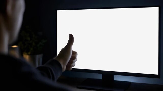 Person thumb up blank monitor screen hand gesture approval man silhouette dark room bright display positive feedback technology concept copy space
