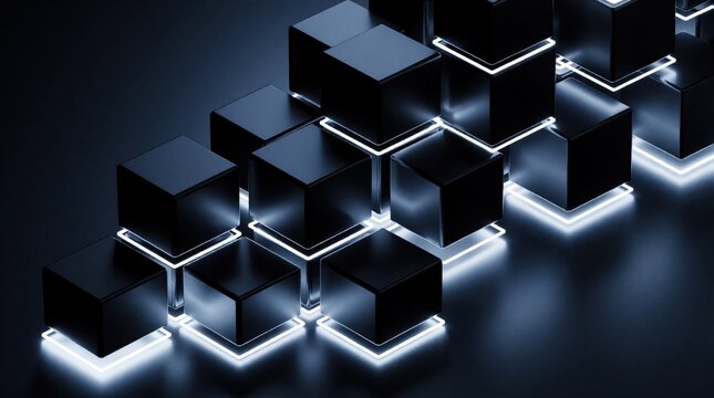 Abstract dark cubes stack upward on glowing bases representing data growth and scalability. Futuristic structure for tech concepts. Digital art.