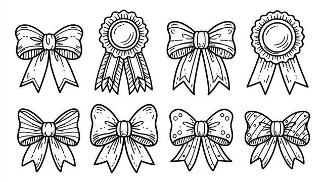 Collection of eight decorative bows and rosettes in black and white line art.