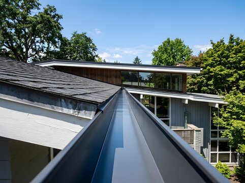 Professional gutter cleaning service | modern home roof maintenance | clean seamless rain gutter installation | residential roof drainage system
