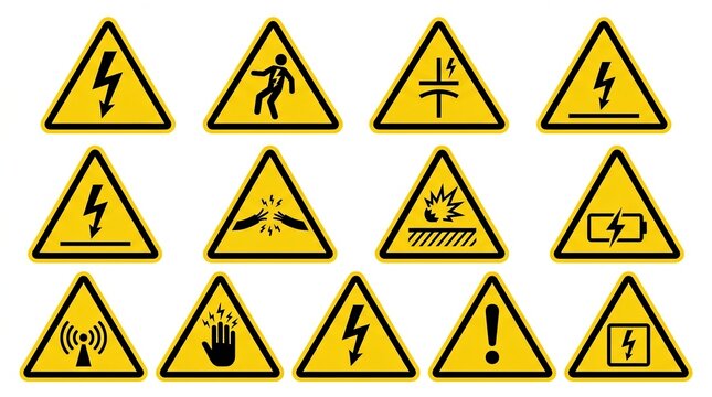 Multiple yellow warning signs alerting to electrical hazards, including high voltage risks and arc flash precautions. Signs displayed for safety.