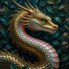 Obraz premium Golden dragon with green eye emerges from rich jungle foliage. Mythical creature sheds scales during transformation process. Intricate fantasy artwork shows magical serpent in deep green forest.