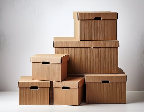 stacks of brown cardboard boxes on a white background ideal for ideas about storage or packaging neutral functional secluded and well organized generative ai