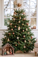 Obraz premium Christmas tree with nativity scene celebrating winter holidays