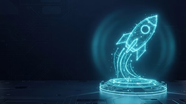 Illuminated 3D rocket on circular base with glowing trails, futuristic design, dark background, studio lighting, evoking innovation and progress.