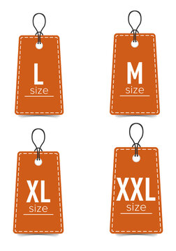 Set of orange clothing size tags on transparent background