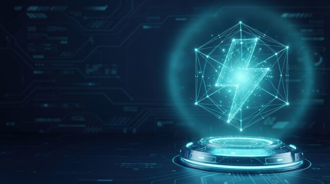 Holographic geometric shape displayed on glowing circular platform with digital network background, studio lighting, top-down viewpoint, tech-inspired mood.