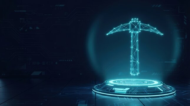Holographic digital pickaxe icon centered on illuminated circular platform with tech-themed background, studio lighting, futuristic mood.