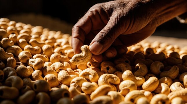 Hand selects raw cashew nut from large pile under bright morning sunlight. Person picks organic healthy snack for snack food production. Worker inspects natural brown crop harvest in rustic farm