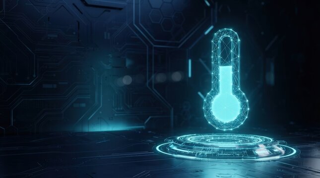 Futuristic digital thermometer icon on high-tech holographic interface