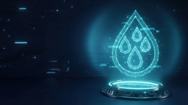 3D-rendered water droplet hologram with binary code background, glowing blue light, studio lighting, futuristic tech mood. Perfect for innovation and science themes.