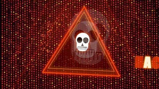 Digital Cyber Security Warning with Skull Icon and Red Binary Code Background Animation