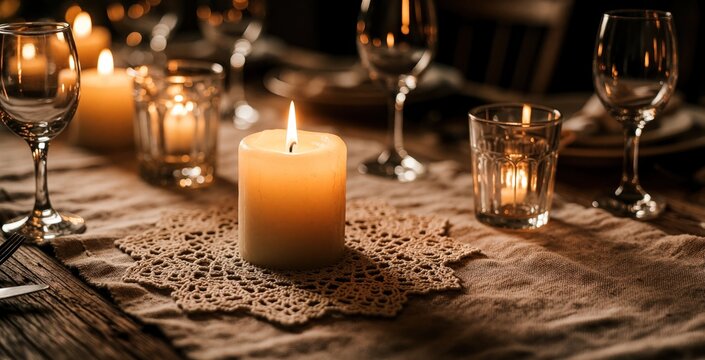 Candlelight illuminates rustic table setting with wine glasses and ornate doily. Festive dinner setup suggests warm gathering for holiday celebration or religious observance.
