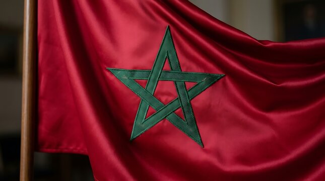 Waving flag of morocco with red fabric and green star