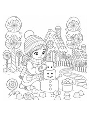 Fototapeta premium Girl Building Marshmallow Snow Friend - Coloring Page