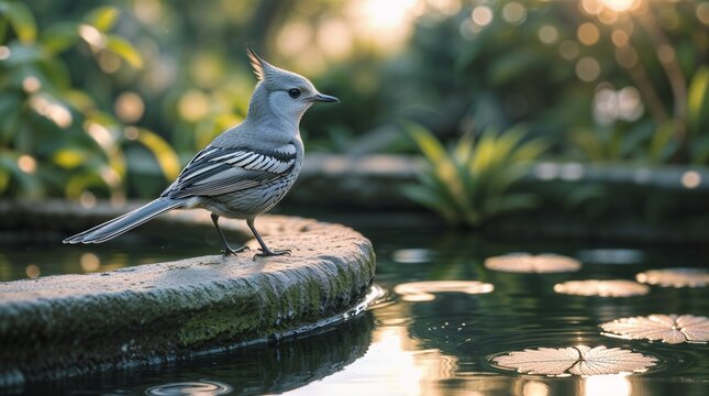 An ultra-detailed close-up wildlife photograph of a small grey fantail bird gracefully perched on the weathered stone edge of a tranquil garden birdbath. The delicate bird features a soft white belly