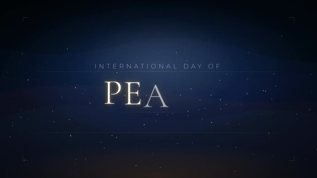 Glowing International Day of Peace text animation with floating particles on a dark blue background