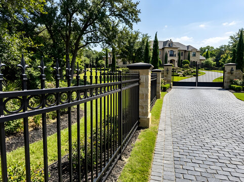 Luxury wrought iron estate fencing | Ornamental black metal security gates | High-end residential driveway with cobblestones | Custom stone pillar fence installation
