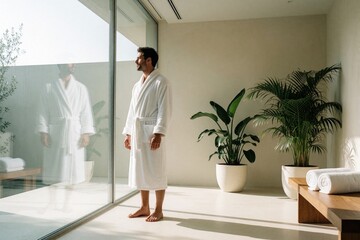 Obraz premium Man in white bathrobe stands barefoot near big window with plants. Modern spa interior offers relaxation and wellness. Sunlight streams across clean room floor.