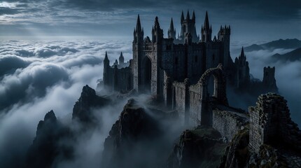 Naklejka premium Ancient stone castle ruins stand atop dark rocky mountain peak above dense sea of clouds. Dramatic medieval citadel features gothic towers, high arched walls. Epic mysterious fortress looms over