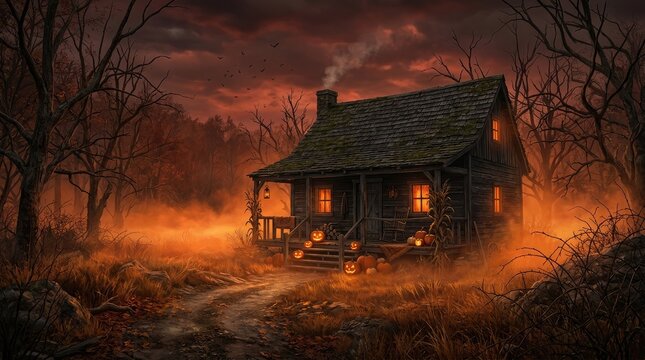 Scary Halloween landscape with rustic wooden cabin, orange mist, and pumpkins