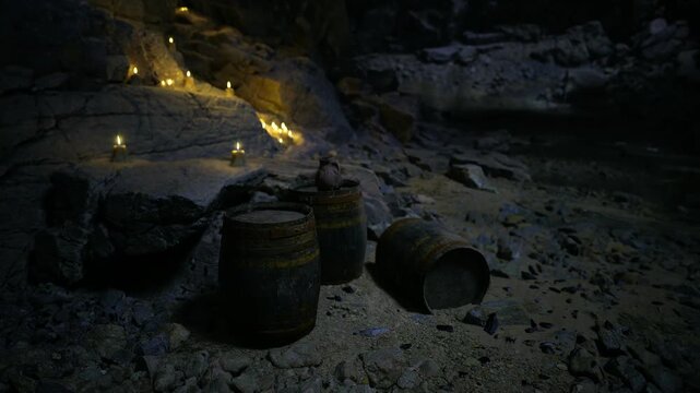 Candlelit jars beside fishing gear on shore, oil soaked containers, coiled rope and net, buoy and anchor nearby, damp sand under lantern glow, utilitarian